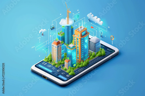 Building house commercial build and cityscape architecture on a smart phone mobile screen with network technology application concept in 3D isometric design in isolated background create by vector.