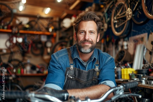 A rugged man in his workshop surrounded by tools and a bike against the wall, his weathered face showing years of hard work and determination