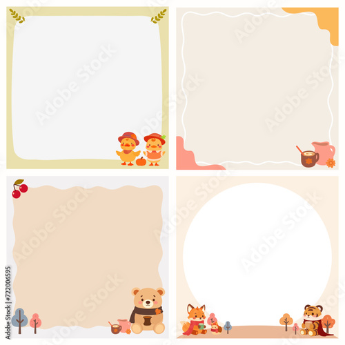 Set of Cute paper memo, note memo and sticky note with illustrations of autumn.Template for planners, checklists, notepads, cards and other office supplies.Vector illustration in cartoon style.