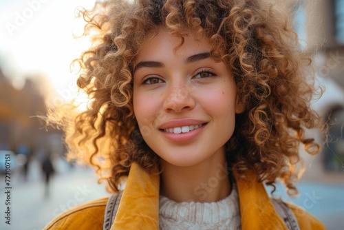 A vibrant young woman with a contagious smile and curly hair adorned with a jheri curl hairpiece poses confidently on a sunny street  exuding confidence and joy