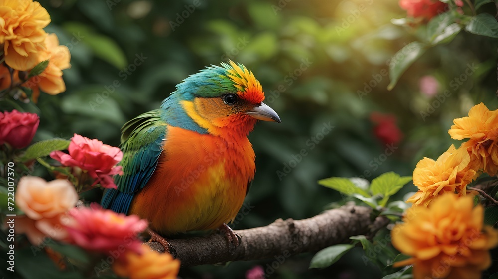 Close-up high-resolution image of a gorgeous bird in tropical garden with colorful flowers.