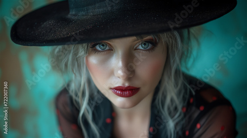 Glamour Frauenportrait Blick unter dem Hutrand - mit generativer KI Midjourney erstellt