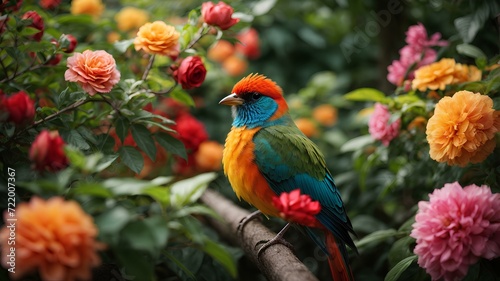 Close-up high-resolution image of an amazing bird in beautiful garden with colorful flowers. © Rizal Faizurohman
