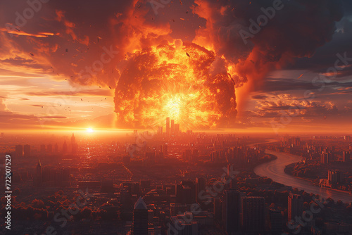 Illustration of explosion of nuclear bomb in the city. photo
