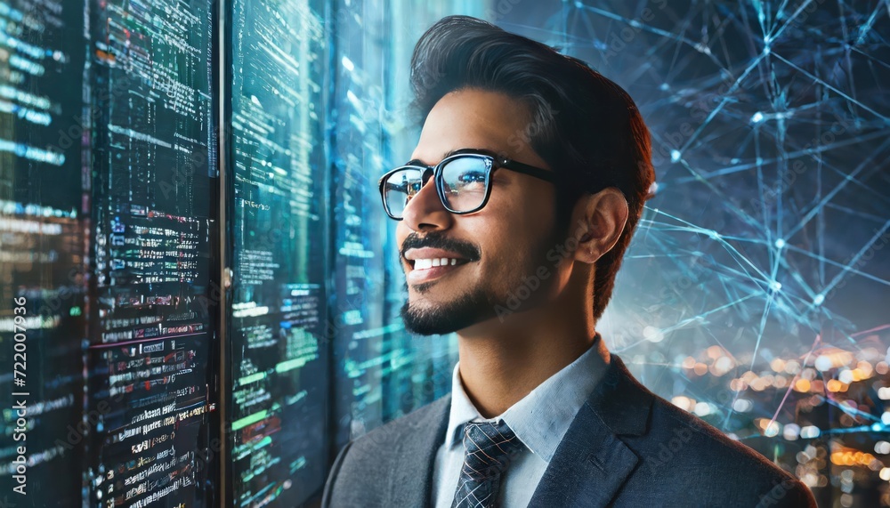 Fototapeta premium Software, data hologram and human with code analytics, information technology and gdpr overlay. Programmer coding or IT person in glasses reading html script, programming and cyber security research