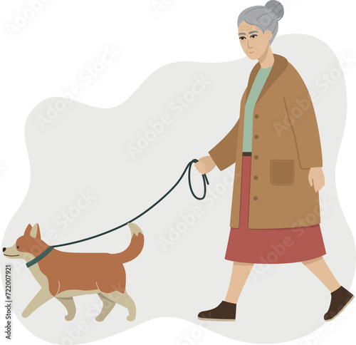 Vector illustration of an elderly woman on a walk with a dog. Colorful flat concept	