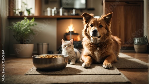 Close-up high-resolution image of cute cat and adorable puppy ready for some snacks in the kitchen. photo