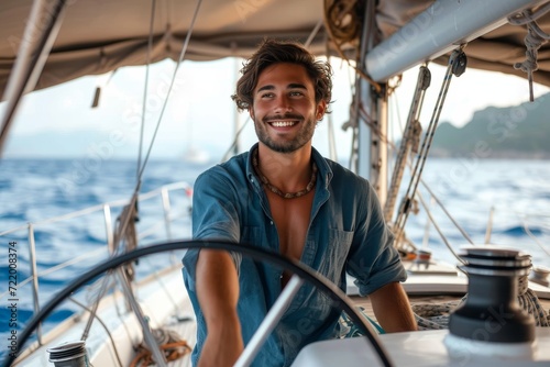 A content sailor flashes a toothy grin from the deck of his ship, his wind-tousled hair and nautical attire embodying the freedom and joy of life on the open water, as a woman gazes on with admiratio
