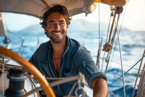 A cheerful sailor stands proudly on the deck of his sailboat, exuding confidence and contentment as he gazes at the vast blue waters with a bright smile