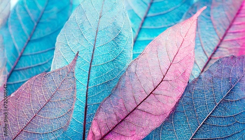 Macro leaves background texture blue  turquoise  pink color. Transparent skeleton leaves. Bright expressive colorful beautiful artistic image of nature