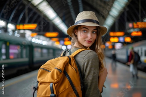 A stylish woman confidently stands on a bustling subway platform, her bright sun hat and backpack adding a pop of color against the backdrop of a busy city street