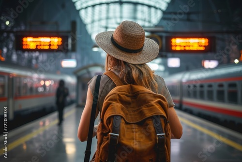 A stylish woman prepares for her journey as she stands on the bustling train station platform, donning a chic sun hat and backpack, ready to conquer the city's streets and subways