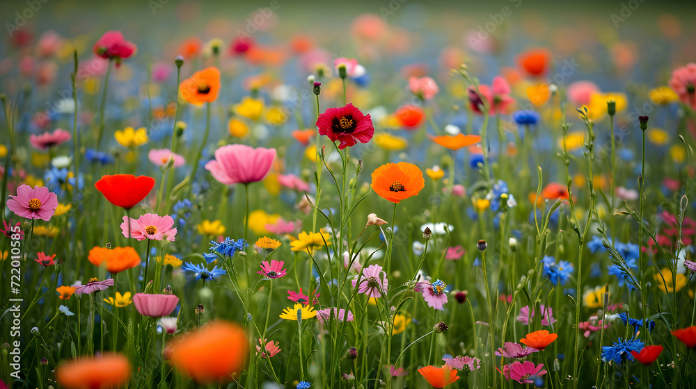A diverse array of colorful wildflowers dominates the field, highlighting natures palette in spring