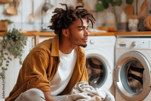 A man's weary face reflects in the shiny metal of his trusty kitchen appliance, as he sits in the laundry room, surrounded by piles of clothes waiting to be washed and dried by his faithful washer an photo