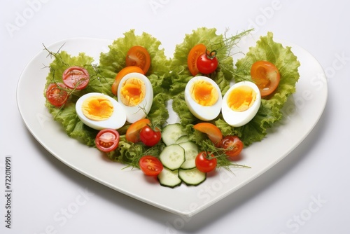 Heart shape of various vegetables herbs tomatoes and eggs on white plate