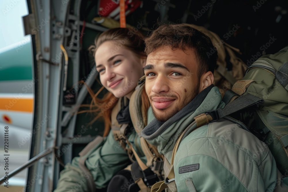 Fototapeta premium A pair of military officers, adorned in crisp uniforms and beaming with smiles, stand proudly against the outdoor backdrop, showcasing the power of humanity, strength of character, and pride in servi