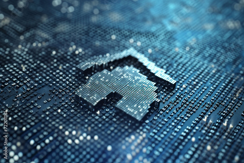 Abstract glowing house chip hologram on dark background. 