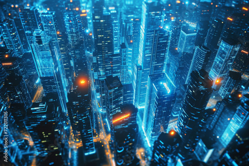 Energy power of future big city concept neon cyber light skyscraper building of business area architecture simulation technology digital fly over view blue theme. photo