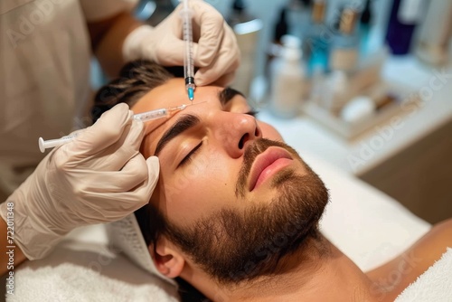 A man relaxes as he receives a rejuvenating facial injection indoors, his human face glowing under the skilled care of a healthcare professional with specialized medical equipment at a barber's salon