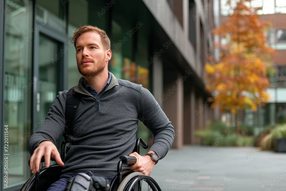 A disabled man in a wheelchair sits outside a building, his face adorned with a somber expression as he watches a bicycle fall on the street during the crisp autumn season