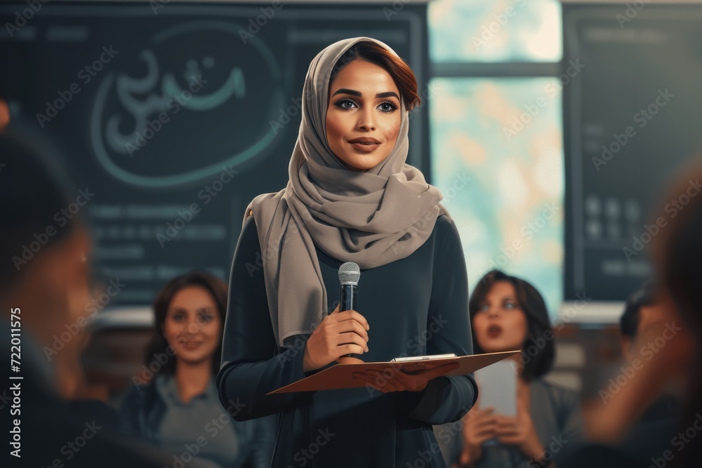 young arab muslim woman wearing hijab giving presentation to a group of people. generative ai young arab muslim woman wearing hijab giving presentation to a group of people. generative ai