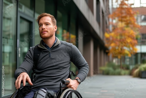 A disabled man in a wheelchair sits outside a building, his face adorned with a somber expression as he watches a bicycle fall on the street during the crisp autumn season