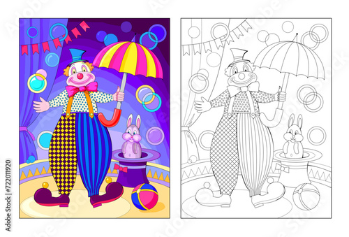 Colorful and black and white page for kids coloring book. Illustration of happy clown at a circus performance. Worksheet for children and adults. Flat cartoon vector.