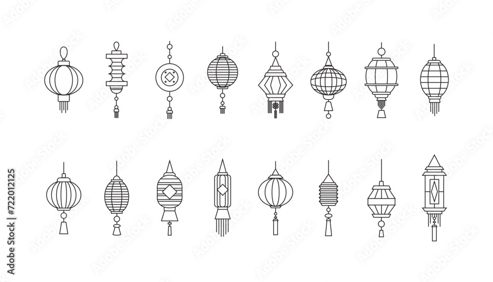 Red Chinese Lantern icons. Collection of outlined chinese lanterns silhouette icons isolated on white background. Vector illustration Red Chinese Lantern icons. Collection of outlined chinese lanterns silhouette icons isolated on white background. Vector illustration