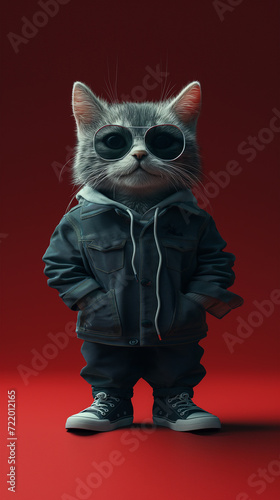 Fashionable Cute little cat wearing sunglasses and jeans on a red background