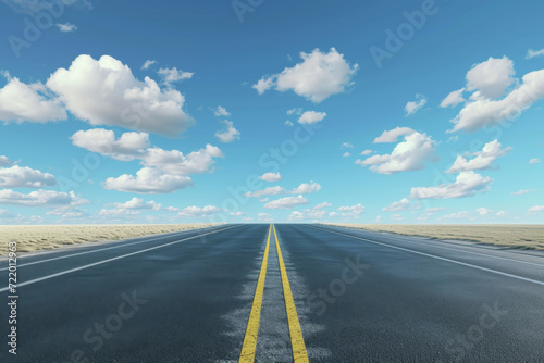 3D rendered road isolated with lines and clouds isolated on abstract background.