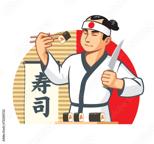 Sushi chef at work, making fresh sushi rolls, vector illustration. Japanese hieroglyphs "sushi" on the wall.