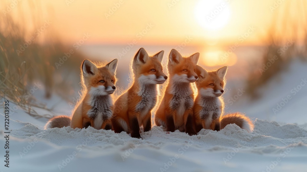 Fototapeta premium Four red foxes sitting on the sand dunes at sunset