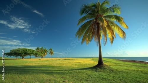 Palm trees on a tropical beach with green grass and blue sky