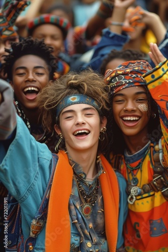 A group of young people of African descent are posing for a photo. They are all smiling and wearing colorful clothing.