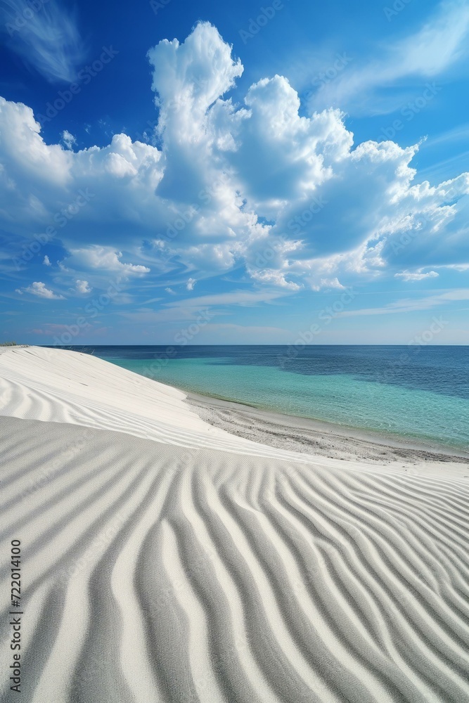 A vast expanse of white sand dunes with the ocean in the distance