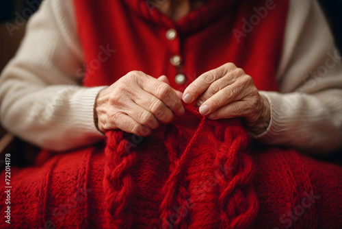 Concept photo shoot of old woman hand knitting red sweater