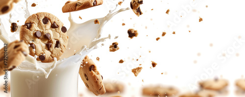 Milk and cookies flying on white background
