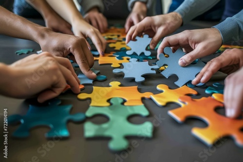 A group of people of different ethnicities are putting together a puzzle.