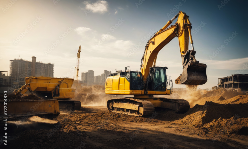 A state of the art ai powered system effortlessly produces a visually stunning depiction of an industrious heavy duty yellow excavator diligently clearing debris at a bustling construction project