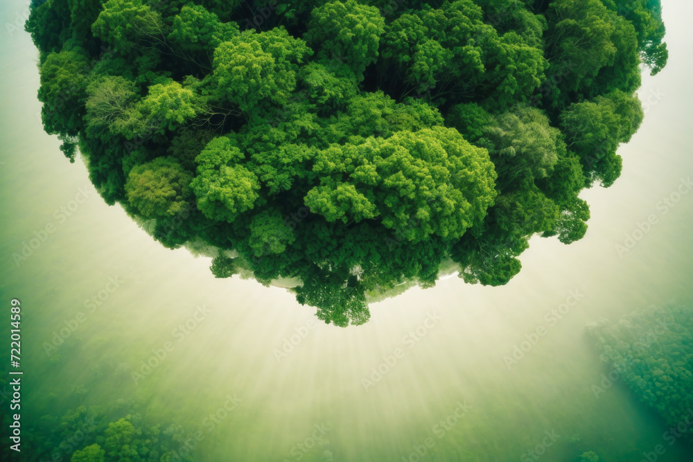 Aerial top view of green forest tree and global globe, Tropical rain forest tree ecosystem and healthy environment, Texture and background of green tree forest, Global warming save earth