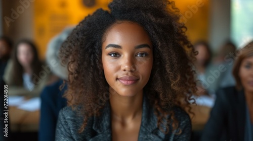 Close-up portrait of a young African-American woman smiling with a group of people in the background © Adobe Contributor