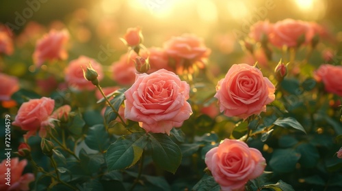 Close-up of pink roses in a garden with a warm golden light in the background
