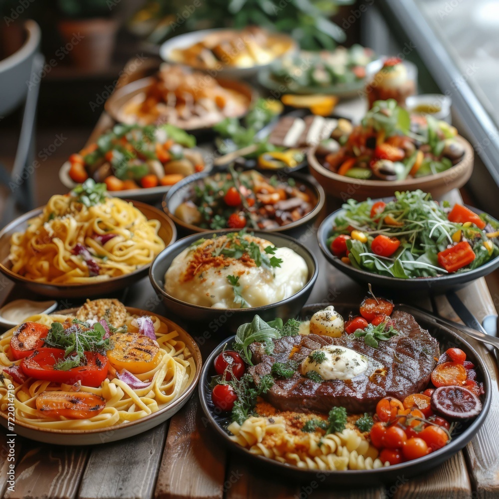 A table full of delicious food, including pasta, steak, and salad.