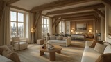 Modern luxury hotel suite with exposed wood beams and large windows