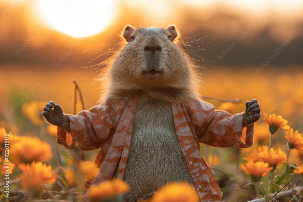 Fototapeta premium Meditative Capybara Amongst Flowers