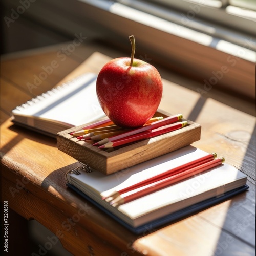 Red apple on a wooden box with pencils and notebooks on a wooden table
