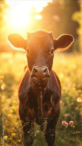 A brown cow standing in a green field looking at the camera