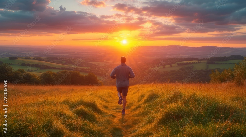Man running towards the sunset in a rural field
