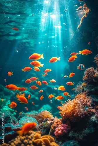 Tropical fish swim near a coral reef in the ocean.