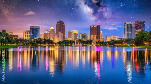 Night view of Orlando city lake Eola photo